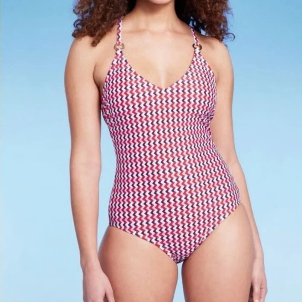 Kona Sol chevron pattern Women's Red and White & blue one piece Swimsuit size 17